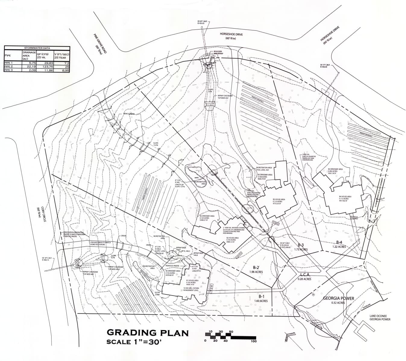 Civil grading plan sheet showing contour lines, lot layouts, and stormwater data